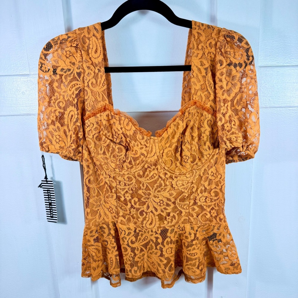 Haute Monde Mustard Yellow Lace Peplum Top Short Puff Slv Sweetheart Bustier NWT